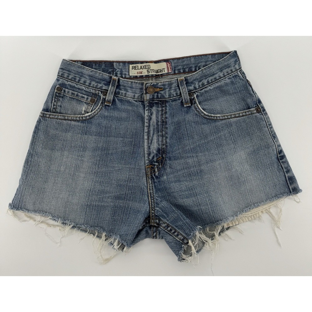 Levi's 559 Women's High Rise Cut Off Blue Denim Shorts Distressed Size 30W‎
